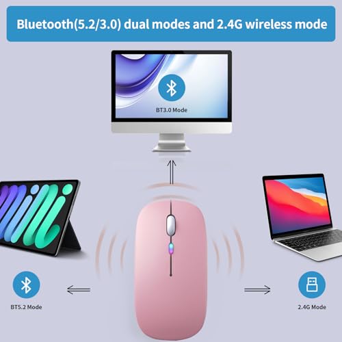Image of Wireless Bluetooth Mouse, Rechargeable, LED, Silent, Ultra-thin Design (Bluetooth 5.2 and 2.4GHz USB Receiver) | Portable Computer Mouse for Laptops, iPads, MacBooks and Apple Devices (Pink)