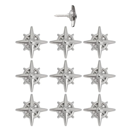 Image of Compass Push Pins - Silver Metal Compass Rose Pins - for Cork Board, Maps, or Lapel Pin Use - Designed in USA - Set of 10