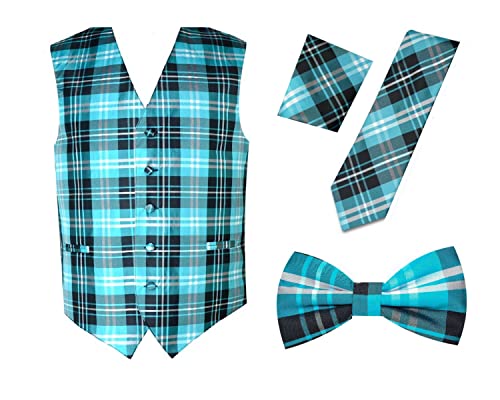Oliver George Men's 4pc Plaid Design Formal Waistcoat Tuxedo Dress Vest NeckTie Bowtie Handkerchief Set For Suit or Tuxedo
