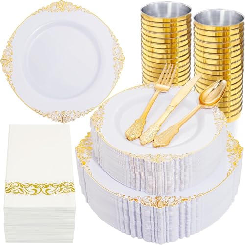 Nervure 350PCS Gold Plastic Dinnerware - White and Gold Disposable Plates for 50 Guests - 100 White Disposable Plates 150 Plastic Silverware 50 Cups 50 Napkins for Wedding & Party & Graduation