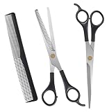URAQT Friseurschere Set, 2 Haarschneideschere (Haarschere & Effilierschere) mit Haarschneidekamm, Scharfe Haar Schere Profi Set für Männer, Frauen, Kinder und Haustier (Schwarz, 3 Stück)