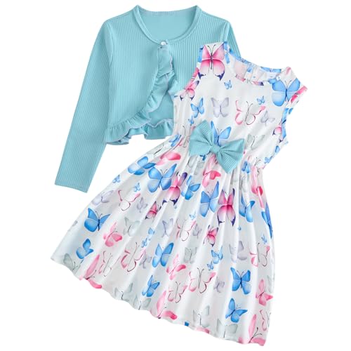 JiAmy Girl Dress and Cardigan Sets 2Pcs Toddler Butterfly Floral Print A-line Dresses with Long Sleeve Coat Kids Casual Spring Summer Clothes for Girls 5-6 Years Blue Butterfly