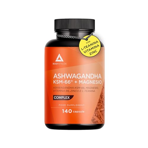 Ashwagandha KSM66 + Magnesio Bisglicinato + L-Teanina | Menos Estrés, Ansiedad| Más Descanso, Bienestar Mental y Físico |100% Raíz+ 5% Withanolidos+ Vitamina B6+ Zinc - Vegano- Sin Gluten| Bodyathlon