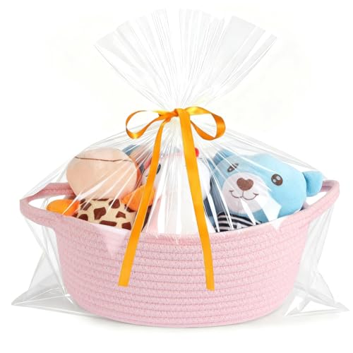 HOBASKET Small gift Basket with Bag and Ribbon Included Cotton Rope Woven Storage Basket Pink Organic Cotton 12x8x5 Inches with Handles Cute Baby Toy Basket