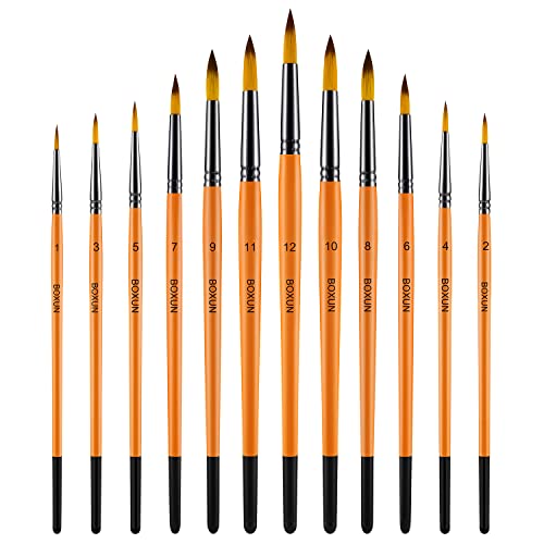 BOXUN Round Watercolor Paint Brushes Set - Professional 12 Piece Gouache Paint Brushes for Artist, Acrylic, Gouache, Oil, Miniature, Face Painting - Short Handle