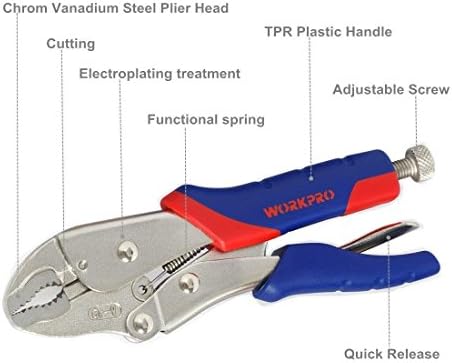 WORKPRO Locking Pliers Set, CR-V Steel Mole Grips, Quick-Release & Self-Locking with Soft Grip, 10-Inch & 7-Inch Curved Jaw, 6-1/2 Inch Straight Jaw, 3-Piece