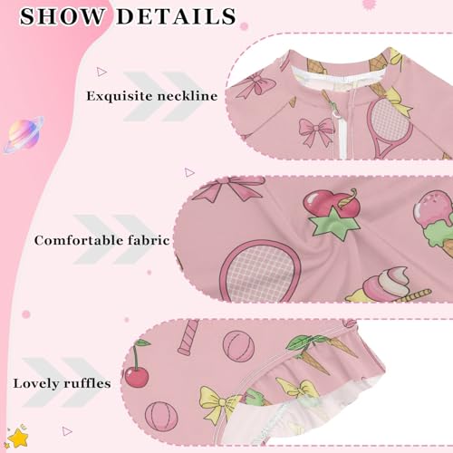 Tennis Ice Cream Pattern Girls Rash Guard Swimsuits Long Sleeve One Pieces Bathing Suit UPF 50+ Zipper Swimwear4