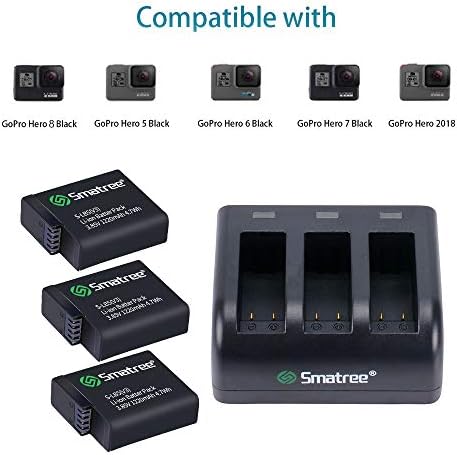 Smatree Battery (3-pack) With 3-Channel Charger for Gopro Hero 8 Black, Hero 7/6/5 Black, Hero 2018 Black