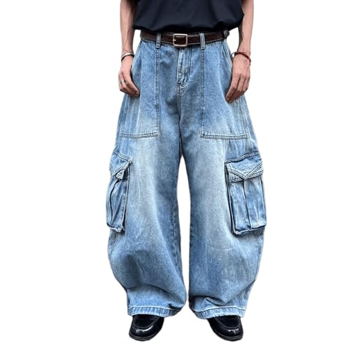Men's Baggy Cargo Jeans Streetwear Oversized Barrel Wide Leg Denim Pants Casual Loose Hip Hop Jeans with Pockets
