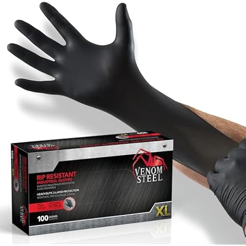 Venom Steel Industrial Nitrile Gloves, Chemical Resistant Disposable Black Gloves, Latex-Free, Powder-Free, Textured Grip, Heavy Duty Two-Layer Protection, 6 mil, XL, 100 Count Cover