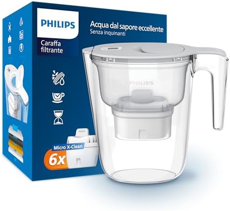 Philips Water Carafe filtrante Philips +6 Cartouches filtrantes de Remplacement Micro X-Clean, débit Rapide, Blanc, 2,6 litres, minuterie électronique