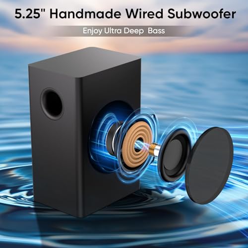 Saiyin Sound Bars for Smart TV with Subwoofer, Soundbar with Optical/ARC/AUX and Bluetooth 5.3 Inputs, Surround Sound System with 5.25 Inches Woofer,Treble and Bass Adjustable