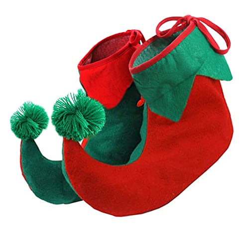 Elf Shoes – Red and Green Elf Boots With Stuffed Curled Toes – Christmas Fancy Dress Elf Shoe Accessory Santa Little Helper Elves Covers