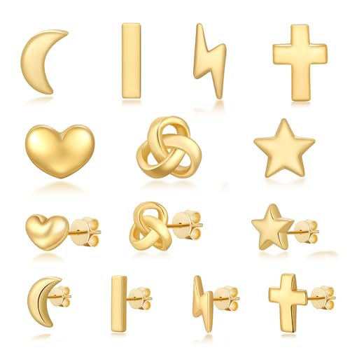 925 Sterling Silver Stud Earrings for Women,Women's 18K Gold Plated Dainty Jewelry Earrings with Post,Cross/Bar/Heart/Moon/Star/Lightning/Love Knot/Flower/Butterfly/Triangle Cut.3