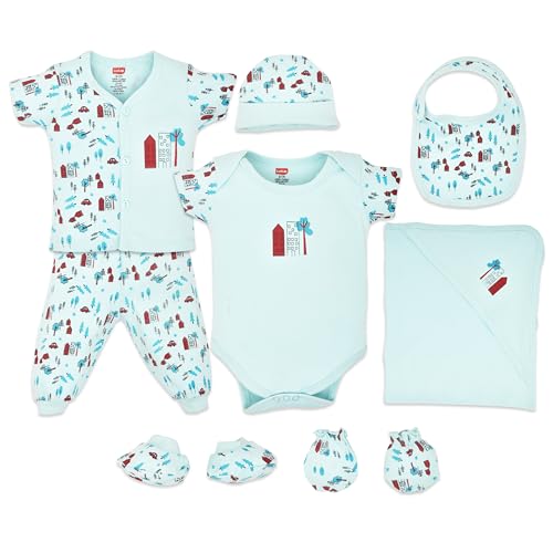 Image of LuvLap Newborn Baby Garment Gift Set, Pack of 8, Pastel Green All Over Print, Short-Sleeve Jhabla, Pyjama,Half-Sleeve Onesie, Cotton Bib, Cap, a Pair of Booties, a Pair of Mittens & 1 Hooded Towel