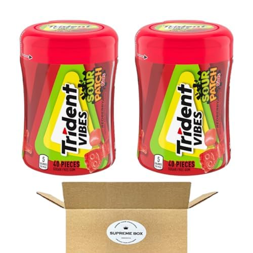Trident Vibes Sour Patch Kids Blue Redberry - Botella de goma de mascar sin azúcar, paquete de 2 unidades (80 unidades en total)