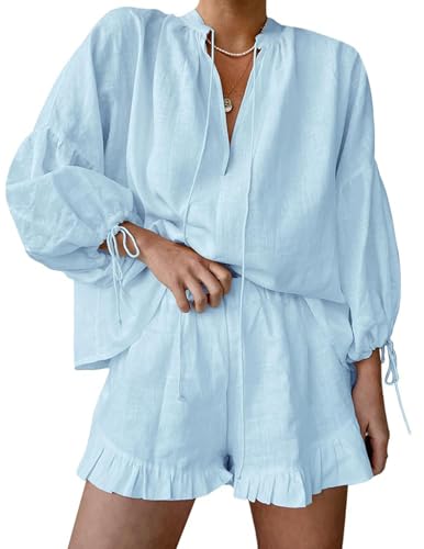 Image of Womens Ruffle Pajamas 2 Piece Cotton Linen Shorts Sets Long Sleeve Tie Front Vacation Outfits Matching