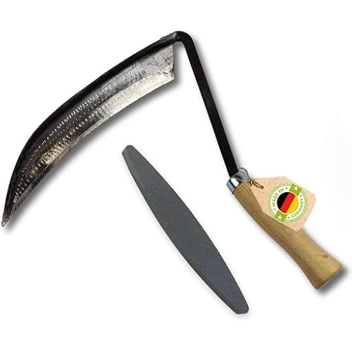 Kleine Sensensichel inkl. gratis Schleifstein - mit Eschenholzstiel - Gartenhilfe - Kleinsense - Handsense - Rechtshänder - Handgeschmiedet in Deutschland