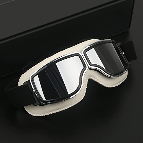 Ggbuy Motorcycle Goggles Vintage Anti Fog Pilot Glasses Dustproof Atv Off Road Motorbike Helmet Eyewear Protect For Ridding Motorcross Classes Aviator Goggles (White-Silver Lens) #TOP4