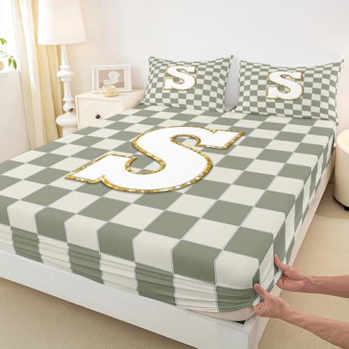 Image of Erosebridal Sage Green Checkered Bed Sheets Twin Plaid Initial S Sheet Set Personalized Monogram Bedding Set for Kids Boys Girls,Fashion Grids Gingham Fitted Flat Sheets 3 Piece
