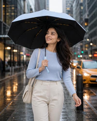 Image of Vasukie Compact Travel Umbrella with Ergonomic C-Shaped Handle, Wind Resistant Folding Umbrella for Men & Women, Lightweight Portable Umbrella for Travel, Office & Daily Use