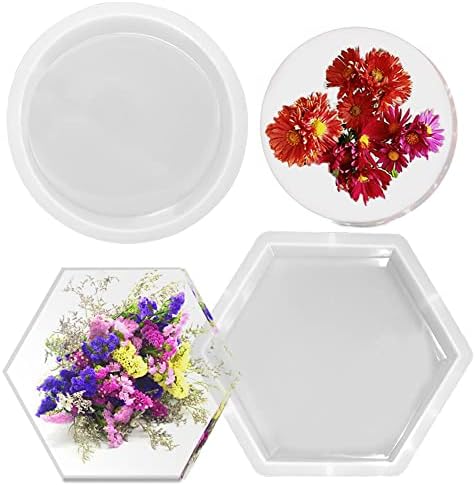 2 Pcs Large Resin Moulds, FineGood Resin Moulds Silicone Round Hexagon Epoxy Resin Moulds Deep Silicone Moulds for Resin Bookends Weeding Flower Preservation