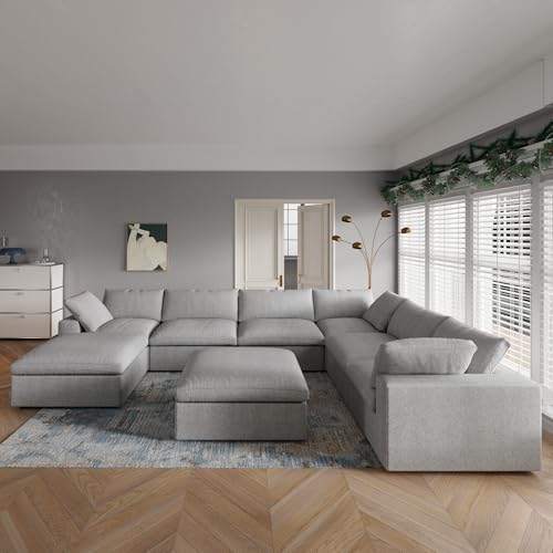 Image of 160 inch Cloud Sectional Couch, Overzised Down Filled Couch, 8 Seater Convertible Modular Cloud Sofa for Living Room, Minimalist Deep Seat Modern Couches,Sofa Cover Removable, Grey