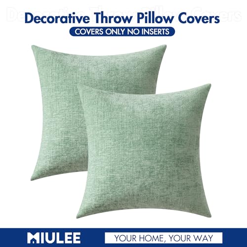 Image of MIULEE Pack of 2 Couch Throw Pillow Covers 16x16 Inch Soft Greyish Green Chenille Pillow Covers for Sofa Living Room Solid Dyed Pillow Cases