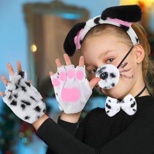 5 Stücke Halloween Tier Welpen Hund Kostüm Set Enthalten Welpen Ohren Stirnband Fliege Gefälscht Nase Schwanz Hundepfote Handschuhe Tier Kostüm Zubehör für Cosplay Party (Schwarz Weiß, Niedlicher)