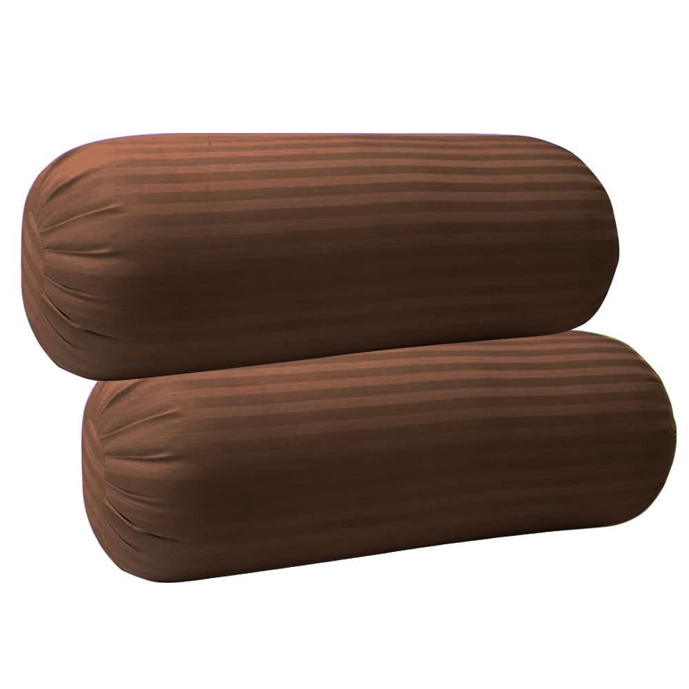 Trance Home Linen 100% Cotton 16x32 inch 200TC Striped Bolster Cover | Round Bed Side Long Bolster Pillow Cover to fit 24" Length 9" Dia | Pack of 2 Bolster Cover only (16x32 inch,Chocolate Brown)-picture-3