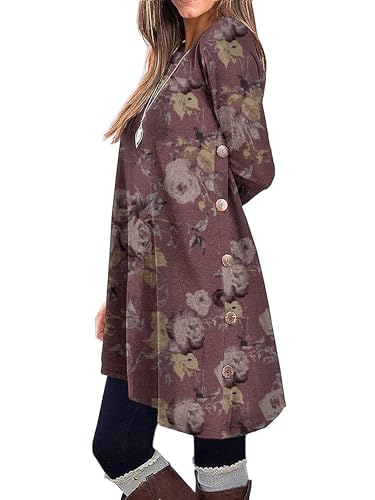 KORSIS Tunic Dress for Women Long Sleeve Crew Neck Casual Froal M irregular hem Button Loose Fitting Sweater Fall Winer Dresses (S-2XL) Dusty Rose