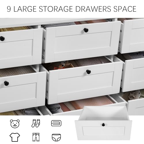 Vikiullf White Dresser with 9 Drawers - Modern Large Dresser for Bedroom, Wood Dressers & Chest of Drawers, Large Storage Drawers for Bedroom, Living Room