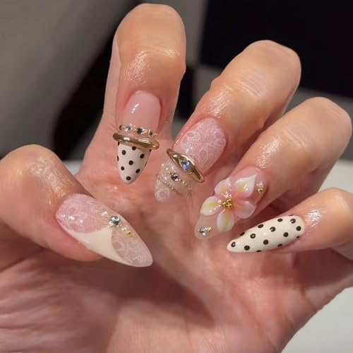 Image of Polka Dot Press on Nails Flower Fake Nails with Lace Design Almond Nails | French Tip Nails Press ons Medium Length False Nail 3D Pink Floral Stick on Nails for Women Glossy Full Cover Manicure 24Pcs