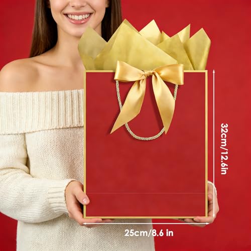 Image of JMANNI 1PCS Gift Bag with Ribbon and 1 Greeting Card 2 Tissue Papers, Portable Paper Gift Bag with Handles, Birthday Present Bags for Wedding Party,Mother's Day 12.6 inch x 9.8 inch x 3.9 inch(red gold)