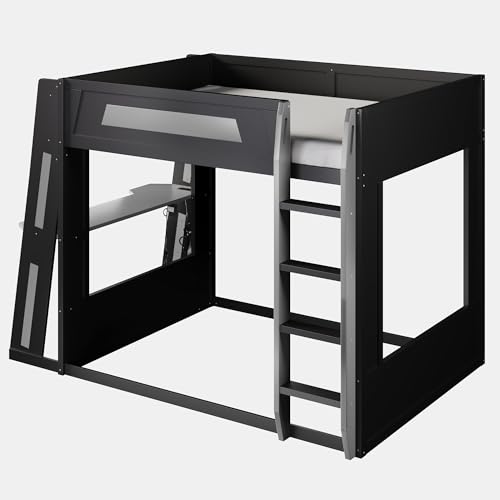 Image of GDFStudio Queen Over Queen Bunk Bed Frame with Desk, USB and LED Light, Solid Wood Gaming Bunk Bed Queen Size with Storage Shelves, High Loft Bed Queen Size with Under Entertainment Space, Black+Grey
