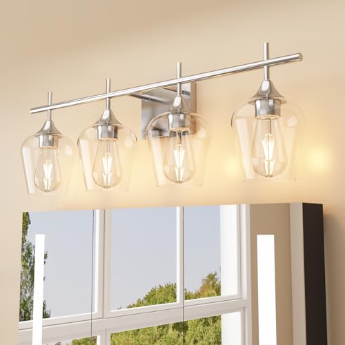 Image of Vanity Bathroom Light, 4-Light Bathroom Light Fixtures Over Mirror, Silver Vanity Lights for Bathroom with Clear Glass, Modern Wall Lamp for Cabinet Hallway, Bedroom