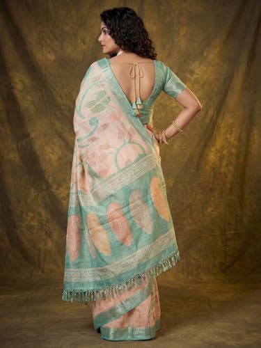 Image of AKHILAM Women's Floral Printed Handloom Cotton Silk Saree with Zari Border and Tassel Pallu Unstitched Blouse Piece | Traditional Ethnic Wear Sarees | Women saree silk | Festive Sari Women's