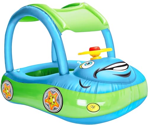 iGeeKid Inflatable Baby Pool Float with Canopy, Safty Seat for Infant Baby Swim Float Rings Car Shaped Swimming Pool Floaties for Babies Toddler Age of 6-36 Months (Light Blue)