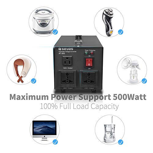 SEYAS 500W Auto Step Up & Step Down Voltage Transformer Converter, 110-120 to 220-240 Volts, Soft Start & Full Load, 7x24hrs Continous Run, Circuit Breaker Protection, U.S. Patent No. US9225259 B2