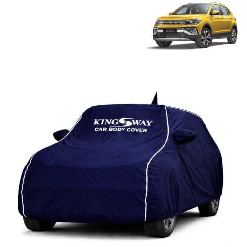 Image of KINGSWAY Super Waterproof Car Cover Only with Taigun (Year 2021 to 2026 - All Model) | Mirror and Antenna Pockets | All Weather Car Body Cover with Silver Piping | Blue