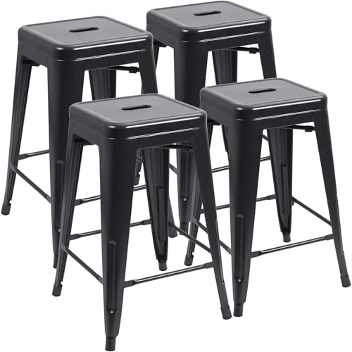 JUMMICO Butacos de bar metálicos industriales, apilables, sin respaldo, estilo vintage, para interior y exterior, juego de 4 (Negro)