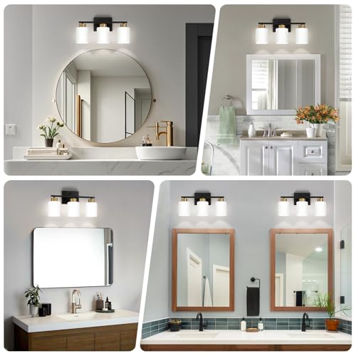 Image of FonmYim Black and Gold Bathroom Light Fixtures, 3-Light Modern Vanity Light Over Mirror, Wall Sconces with Milky White Frosted Glass Shades, E26 Socket (Bulbs Not Included)