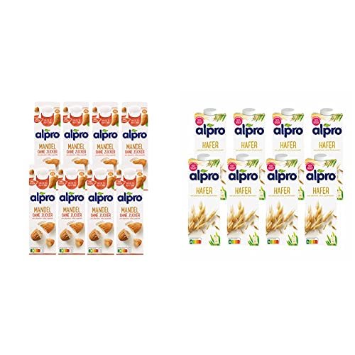 Alpro Mandeldrink Ohne Zucker Natur Pflanzlicher Drink Vegan 8x1L & Haferdrink Original Natur Pflanzlicher Drink Vegan 8x1L
