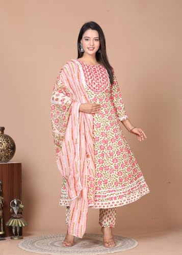 Image of Queens World Women's Anarkali Pure Cotton Floral Printed Kurta Pant Set With Dupatta (M To 2XL- Size)
