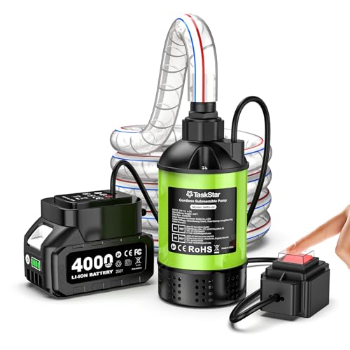 TaskStar Cordless Water Pump with 1H Runtime Battery & Hose, 1100GPH Brushless Small Submersible Utility Pump for Rain Barrel Pool Hot Tub Drain, Garden Irrigation, Flooded Basement Boat Emergency