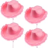Rcanedny 4 Pack Cowboy Hat Western Women Cowboy Hat with Feathers Pink Feather Cowgirl Hat with Adjustable Neck Draw String for Adult Birthday Gifts Halloween Party Costume (Color Set 2)