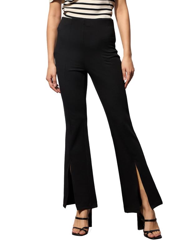 Image of Black Front Slit 4-Way Stretch Slim Pants