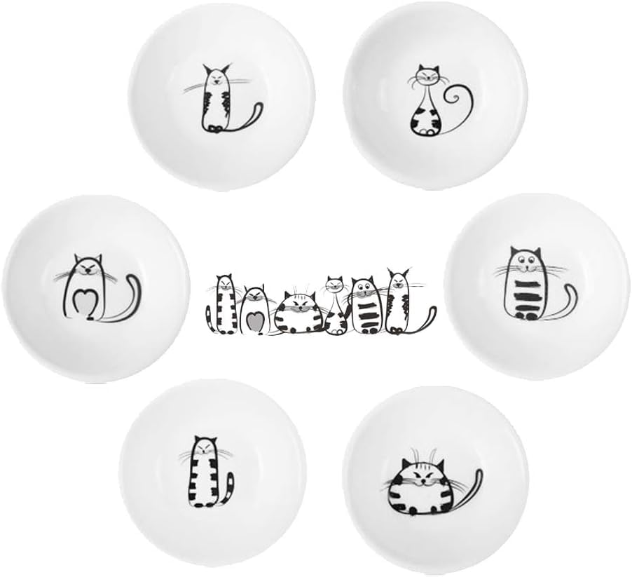 BigNoseDeer Plato de salsa de Cerámica estupendo lindo del Gato, condimentos, Tazón de fuente de la soja del sushi, Porcelana maullido Pequeño platillo (Conjunto de 6)