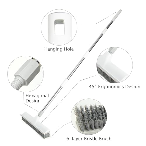 Image of Floor Brush, 2-in-1 Scraping Brush,with 59.8 inch Long-Handled Adjustable Floor Brush, Suitable for Cleaning Kitchen, Bedroom, Shower Room, Floor, Tile Patios, Outdoor Patio, Terrace (White)