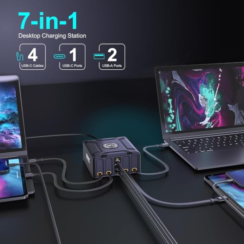 Image of WeFly 550W USB C Charging Station with 4 Retractable Cables GaN 7-Port Desktop Fast Charger Block for Mac /Book Laptop, 1Pad, 1Phone 17 /16 Pro Max, Galaxy S25 /S24 Ultra and More (BK-129D)